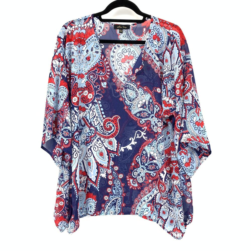 Melissa Paige 3/4 Sleeve Split Neck Blouse Womens Sz L Red Blue Paisley Print